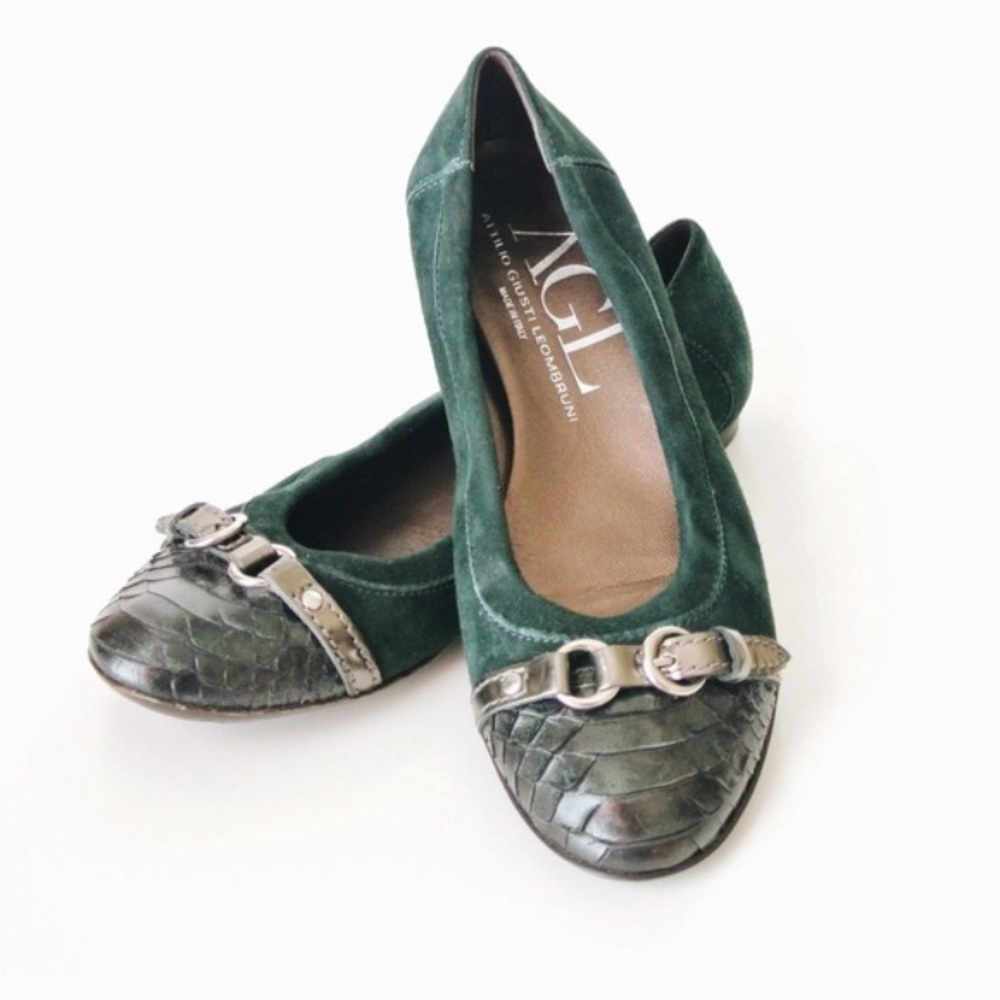 AGL Green Ballet Flat Snake Embossed Toe